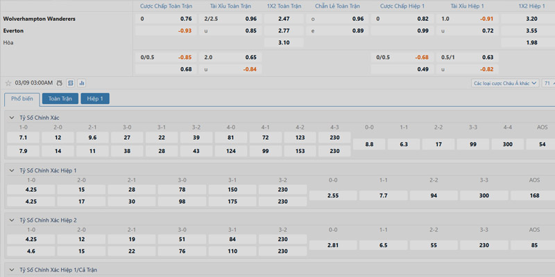 Bảng tỷ lệ kèo Wolverhampton Wanderers vs Everton 